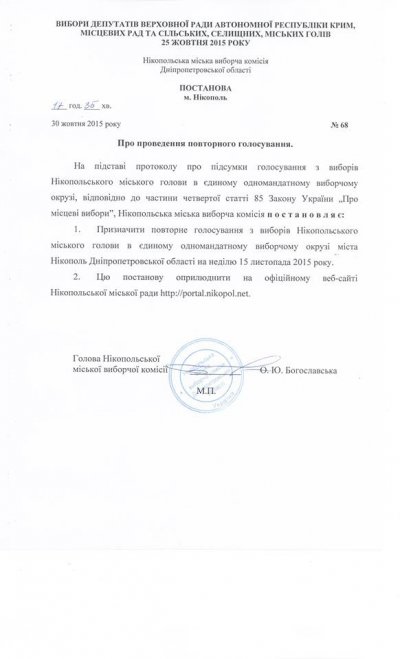 ОФИЦИАЛЬНЫЕ РЕЗУЛЬТАТЫ ВЫБОРОВ НИКОПОЛЬСКОГО ГОРОДСКОГО ГОЛОВЫ (1-й тур)